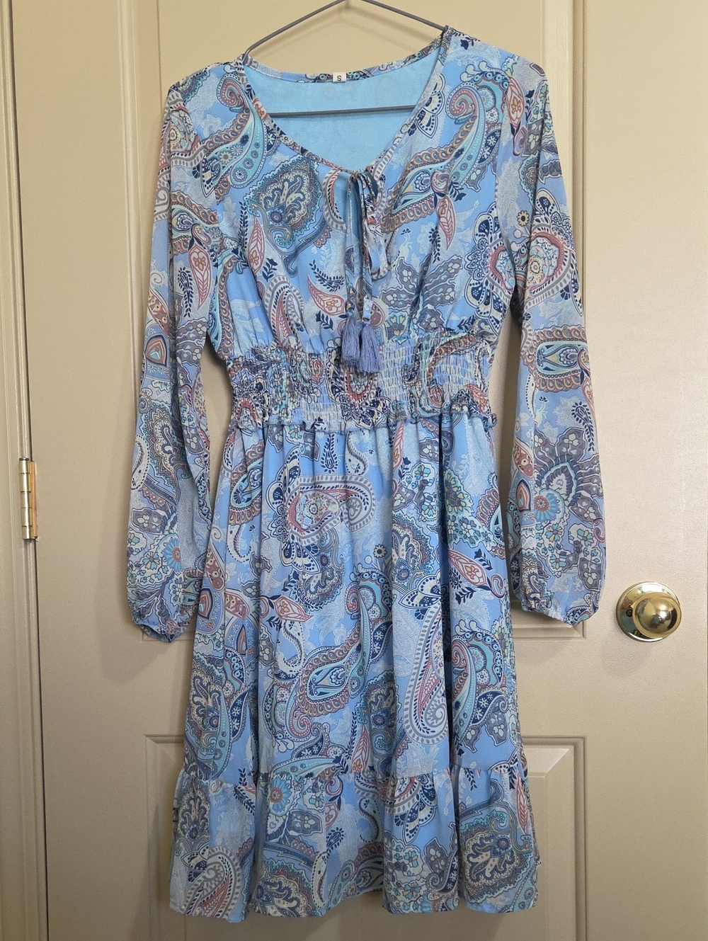 Light Blue Paisley Long-Sleeve Smocked Waist Dress